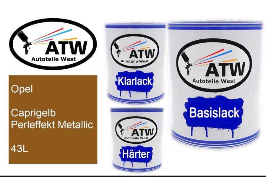 Opel, Caprigelb Perleffekt Metallic, 43L: 1L Lackdose + 1L Klarlack + 500ml Härter - Set, von ATW Autoteile West.